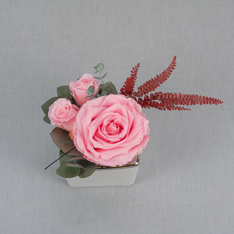 Preserved floral arrangement with fern